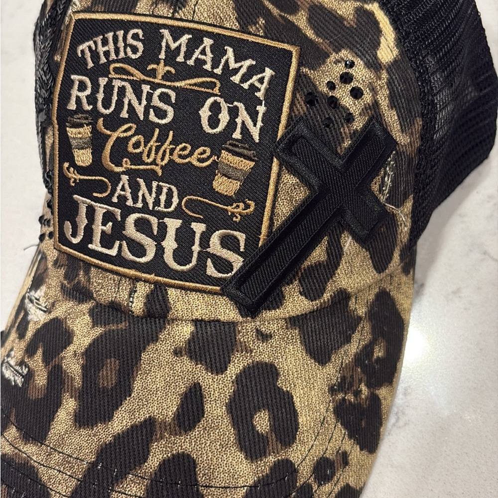 Leopard Print Trucker Hat with Coffee and Jesus Patch
